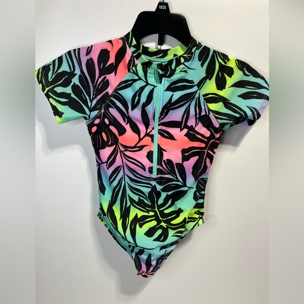 Purple Pink Teal Yellow Black Leaf Print Kids Rashguard Swimsuit Girls 6 6x